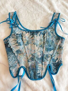 Vintage style  Blue Floral Corset Top Cottagecore Fairycore Renaissance Lace-Up